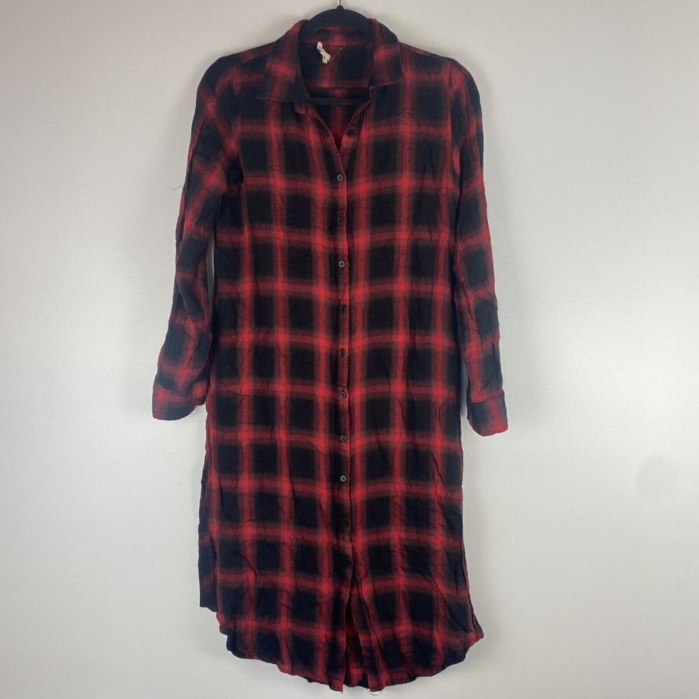Gilli Women's Flannel Midi Dress Size M Red Black Gingham Rayon Slit Lightweight